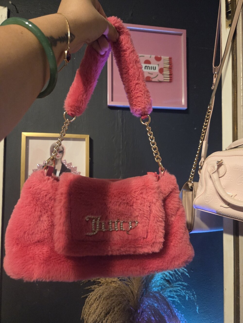 Juicy Couture Hot Pink Faux Fur Shoulder Bag with Crystal Logo